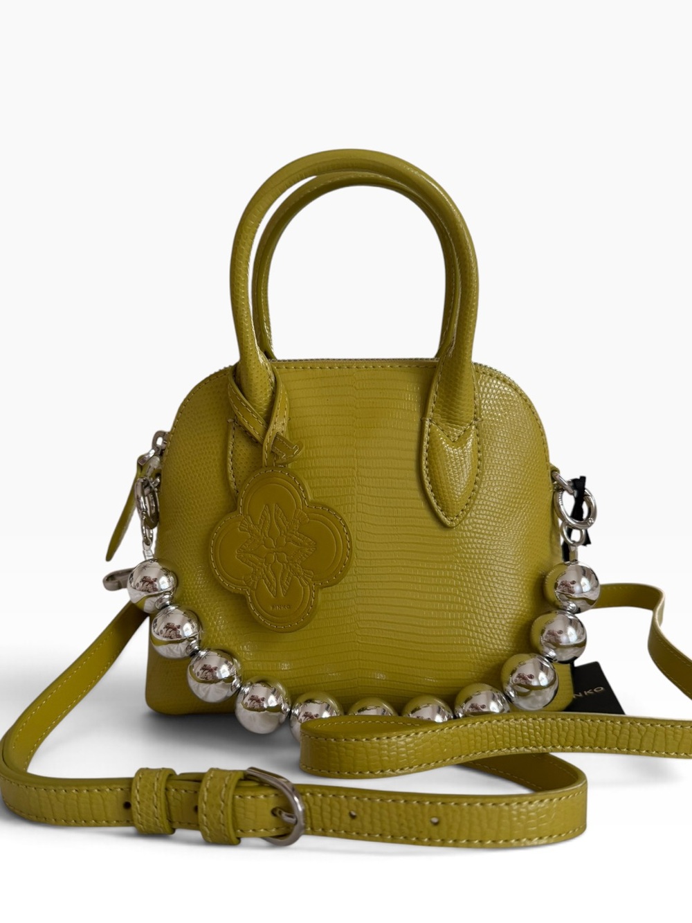 Pinko Olive Green Mini Dome Satchel with Silver Beaded Strap